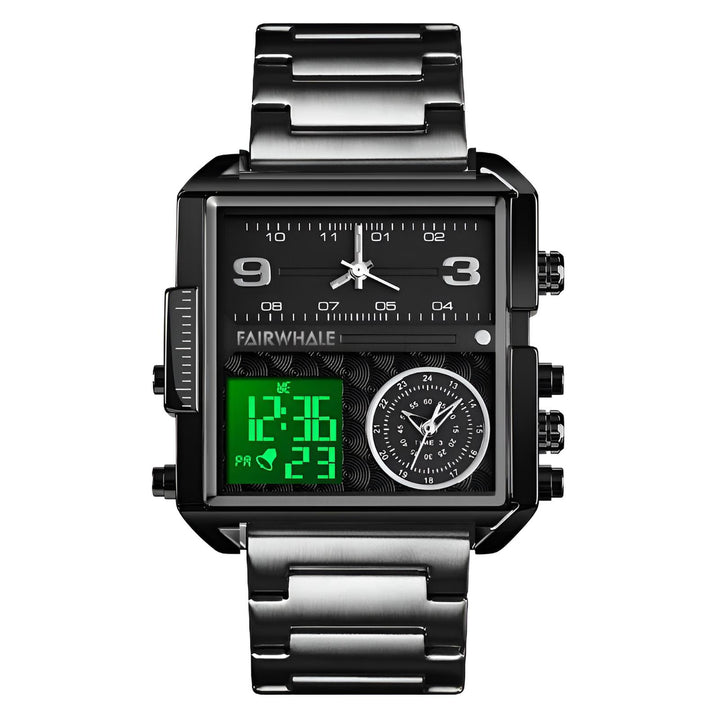 Mark Fairwhale TRICHRON FW-4270 quartz watch with LED digital display, leather strap, and waterproof design