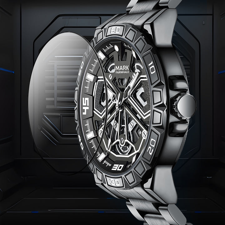 Scratch-resistant coated glass of Mark Fairwhale 5940 VELTORA stainless steel luxury men’s watch