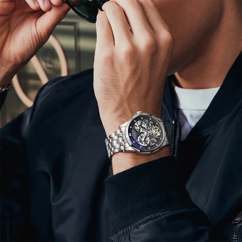 A close angle highlighting the stainless steel case geometry and refined finishing that elevate this tourbillon watch beyond convention.