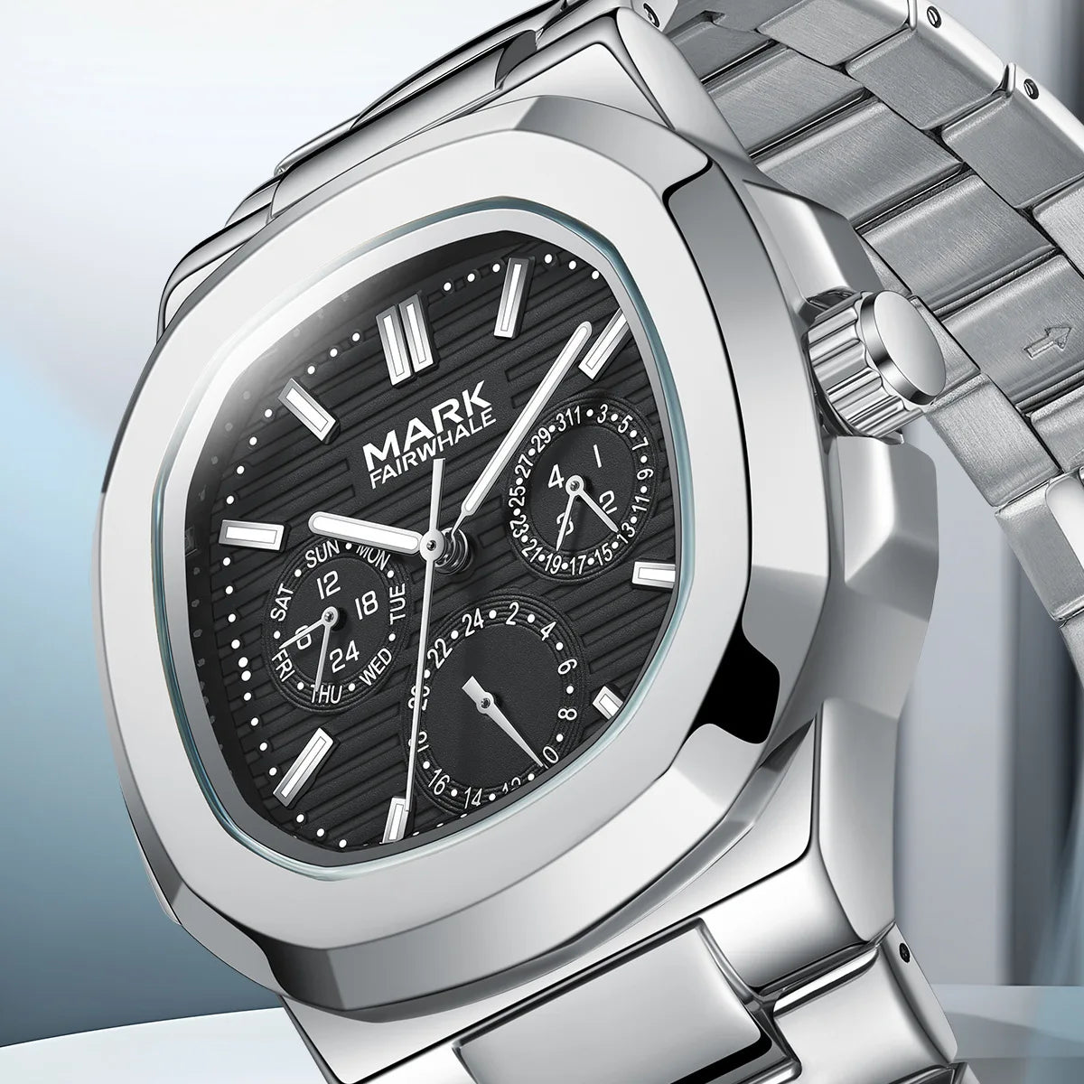 Side-angle view of Mark Fairwhale 5019 LUMENIX black dial showcasing Roman numeral markers.