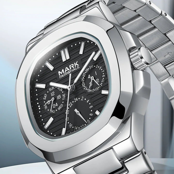 Side-angle view of Mark Fairwhale 5019 LUMENIX black dial showcasing Roman numeral markers.