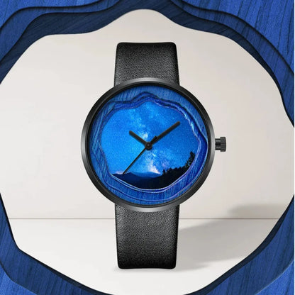 Side angle of Fairwhale minimalist watch for women, slim 40mm case with starry blue dial and genuine leather strap, modern luxury women’s timepiece.