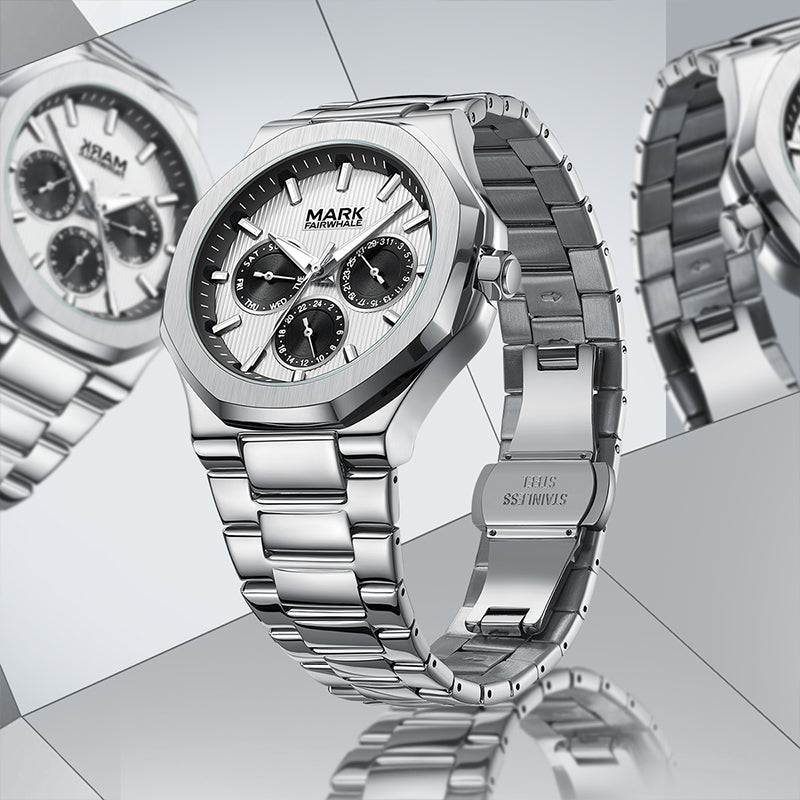 Side angle of Mark Fairwhale FW-5890 CLEVTOR quartz business watch in silver with polished steel bracelet