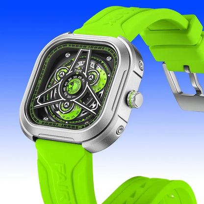 Side angle view of Mark Fairwhale 5740 men’s square quartz wristwatch in neon green