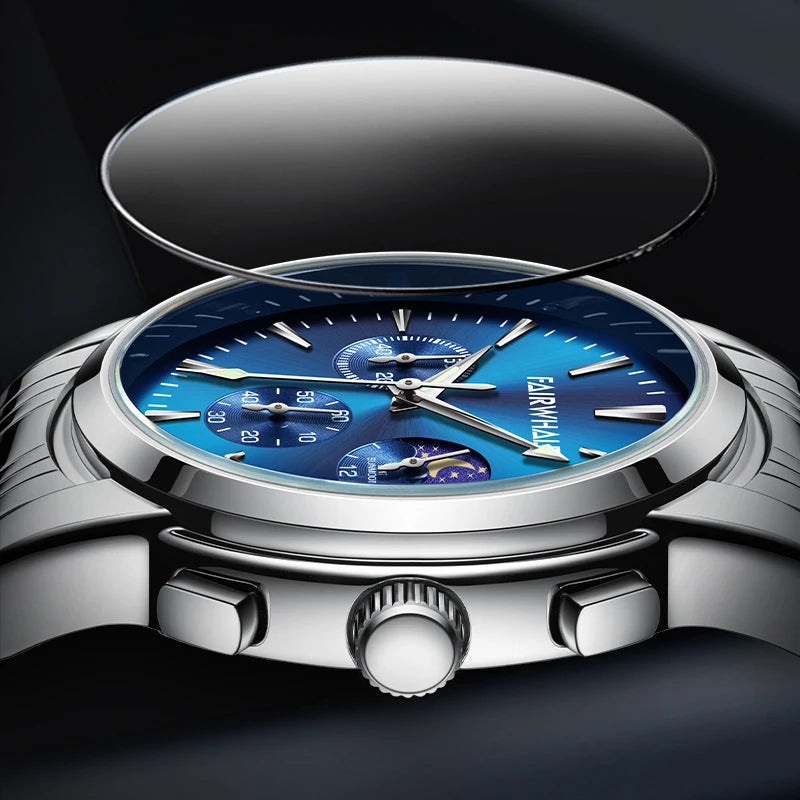 Side view of Fairwhale LUNARYS 5630 men’s moon phase watch with sapphire crystal and polished steel