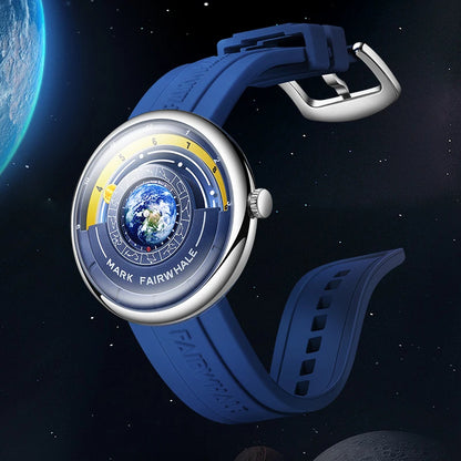 Side view of Fairwhale THÉO globe-inspired watch with chrome bezel