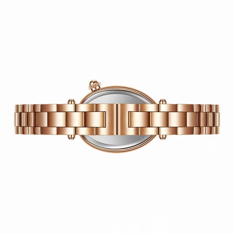 Side view of Mark Fairwhale 3610 ROSELYN women’s rose gold oval watch with crystal bezel, showing slim profile and polished finish