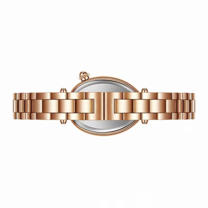 Side view of Mark Fairwhale 3610 ROSELYN women’s rose gold oval watch with crystal bezel, showing slim profile and polished finish