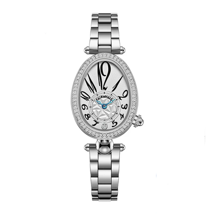 Side view of Mark Fairwhale 3610 ROSELYN women’s black steel oval watch with crystal bezel, showing slim profile and polished finish