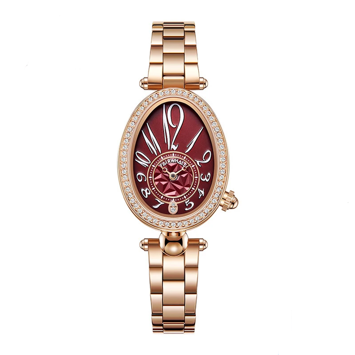 Side view of Mark Fairwhale 3610 ROSELYN women’s red gold oval watch with crystal bezel, showing slim profile and polished finish