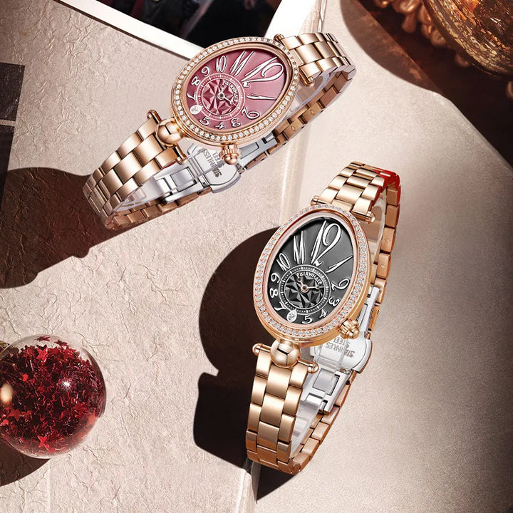 Side view of Mark Fairwhale 3610 ROSELYN women’s rose and black gold oval watch with crystal bezel, showing slim profile and polished finish