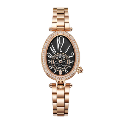 Side view of Mark Fairwhale 3610 ROSELYN women’s rose gold oval watch with crystal bezel, showing slim profile and polished finish