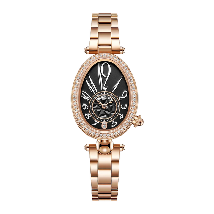 Side view of Mark Fairwhale 3610 ROSELYN women’s rose gold oval watch with crystal bezel, showing slim profile and polished finish