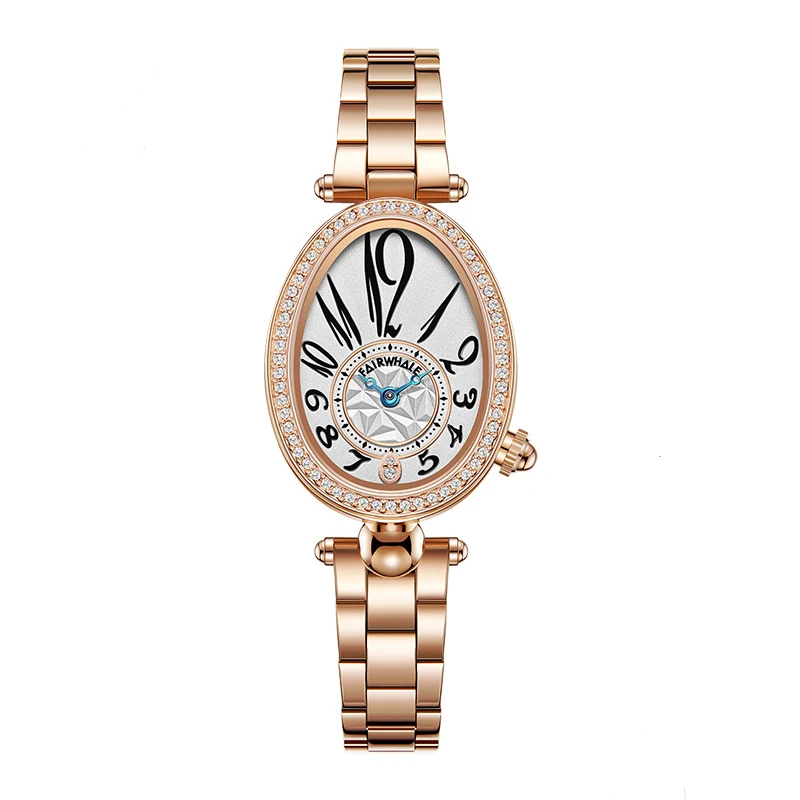 Side view of Mark Fairwhale 3610 ROSELYN women’s white gold oval watch with crystal bezel, showing slim profile and polished finish