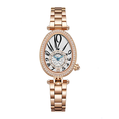 Side view of Mark Fairwhale 3610 ROSELYN women’s white gold oval watch with crystal bezel, showing slim profile and polished finish