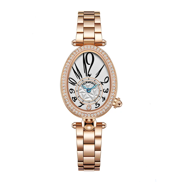 Side view of Mark Fairwhale 3610 ROSELYN women’s white gold oval watch with crystal bezel, showing slim profile and polished finish