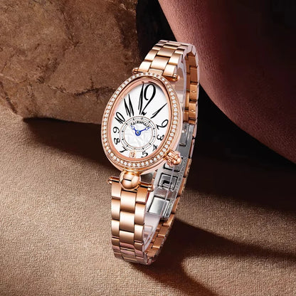 Side view of Mark Fairwhale 3610 ROSELYN women’s white gold oval watch with crystal bezel, showing slim profile and polished finish