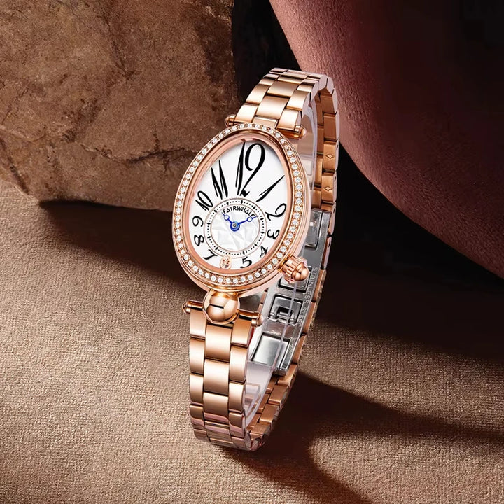 Side view of Mark Fairwhale 3610 ROSELYN women’s white gold oval watch with crystal bezel, showing slim profile and polished finish