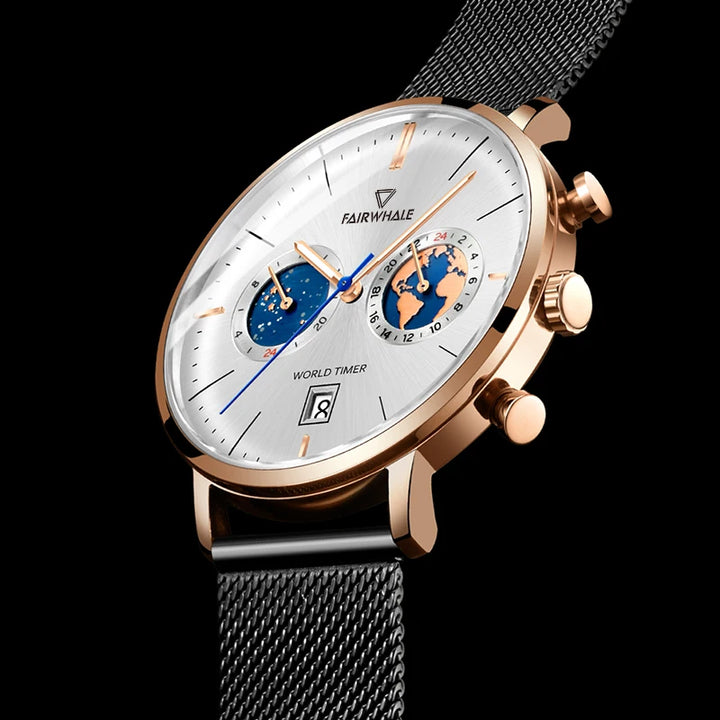 Side view of Mark Fairwhale CORDIX 5340 men’s chronograph with silver dial, stainless steel case, and black mesh strap.