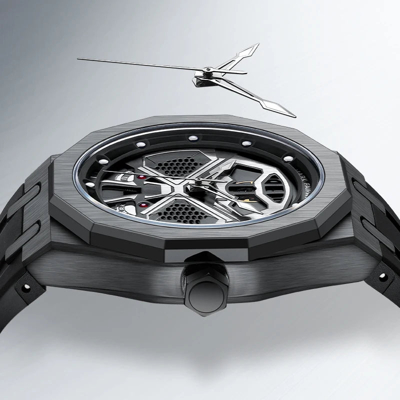 Side view of Mark Fairwhale FW5590 AERIX watch showing stainless steel bezel and hollow skeleton dial design