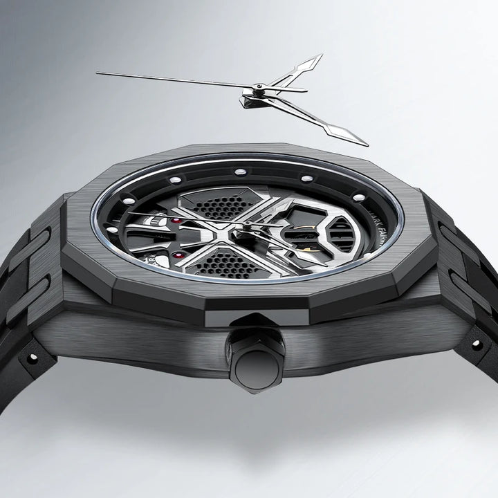 Side view of Mark Fairwhale FW5590 AERIX watch showing stainless steel bezel and hollow skeleton dial design