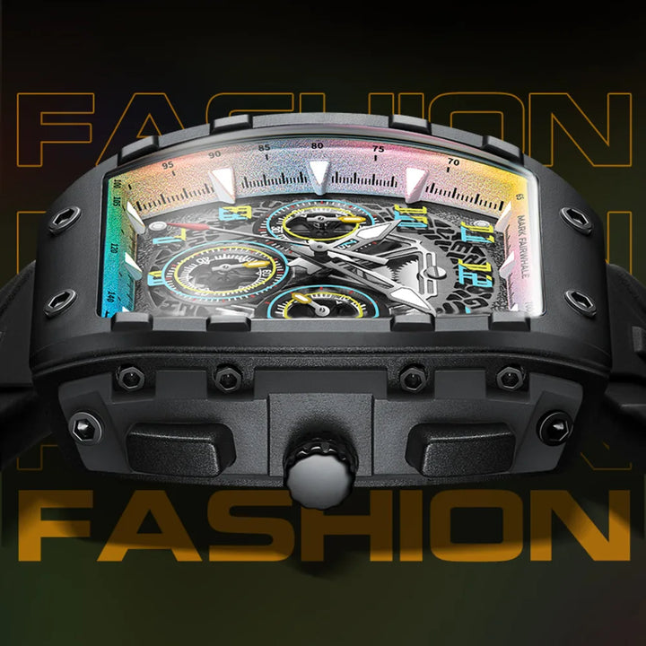 Side view of Mark Fairwhale TONIXA black case tonneau watch with rainbow skeleton dial
