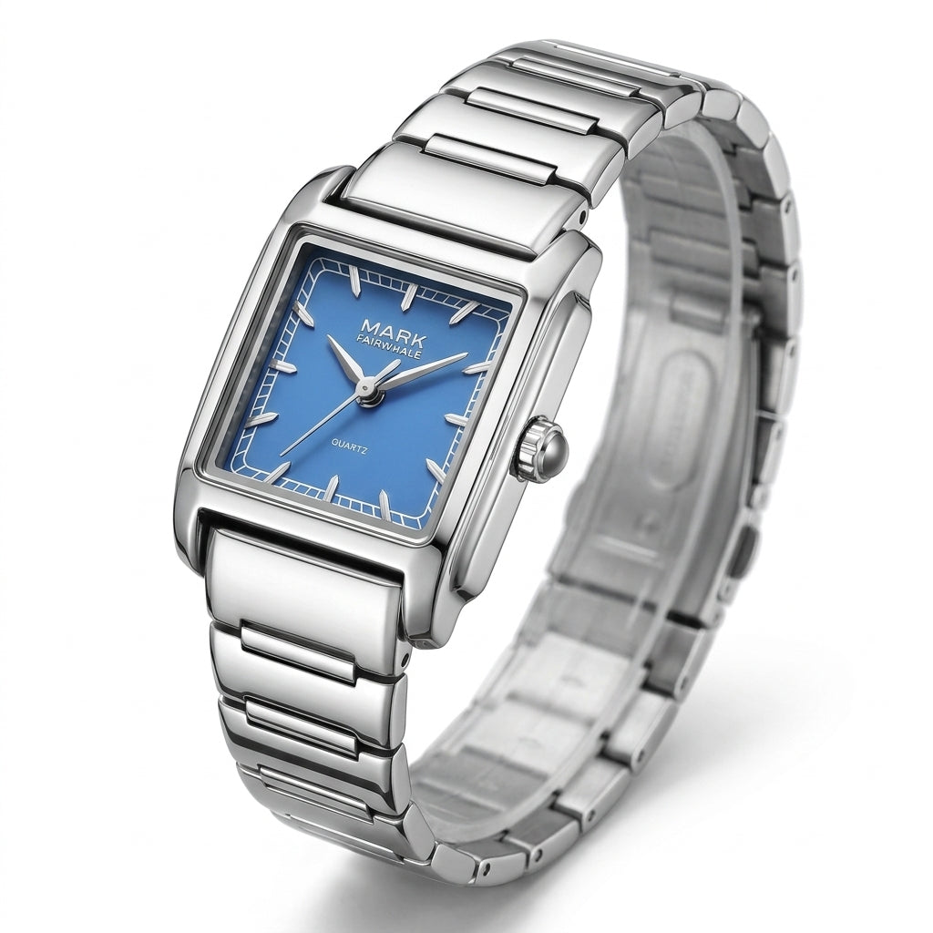 Silver watch with a blue face on a white background