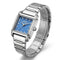 Silver watch with a blue face on a white background