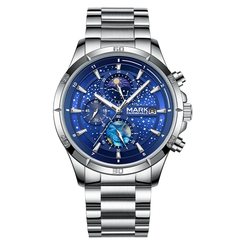 Silver watch with a blue face on a white background