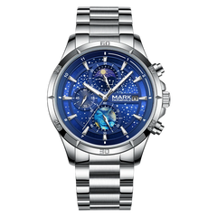 Silver watch with a blue face on a white background