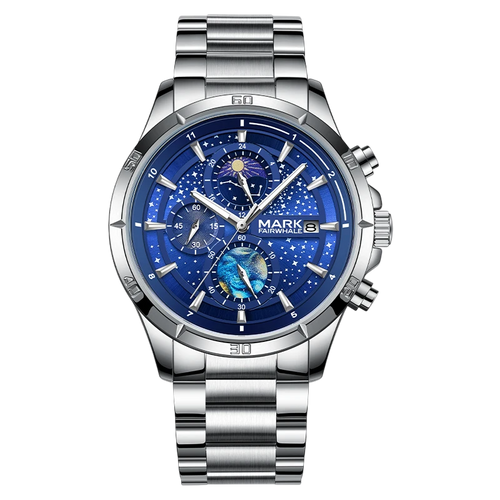 Silver watch with a blue face on a white background