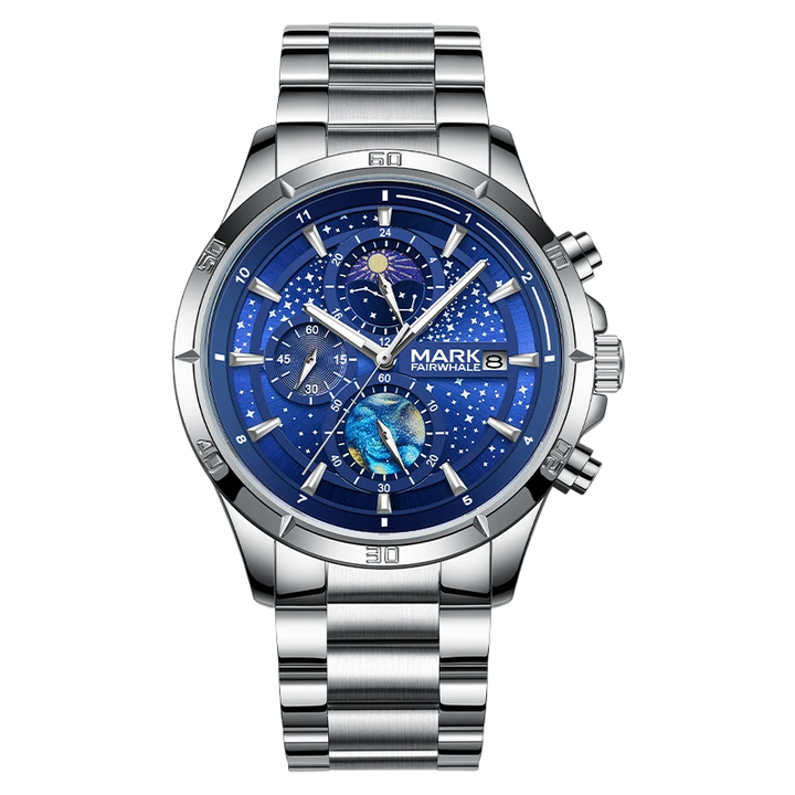 Silver watch with a blue face on a white background