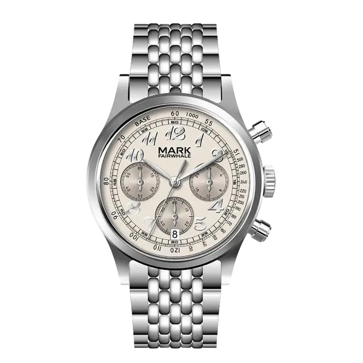 Silver watch with detailed face on a white background