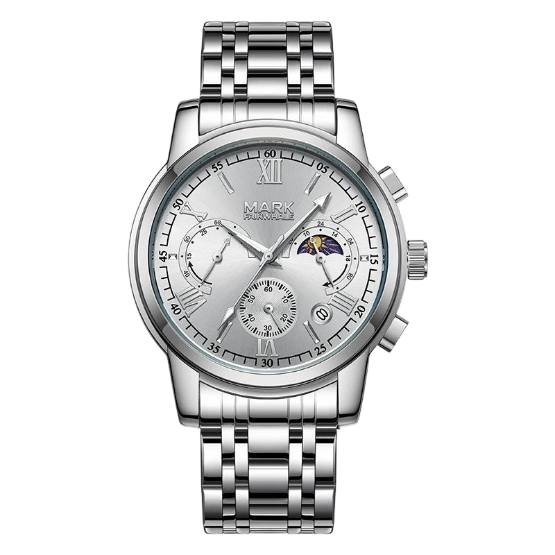 Silver wristwatch with detailed face on a white background