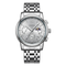 Silver wristwatch with detailed face on a white background