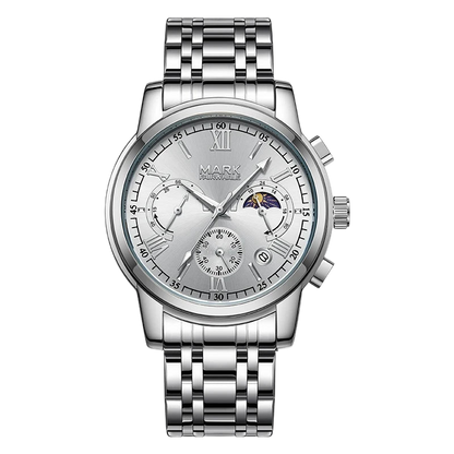 Silver wristwatch with detailed face on a white background