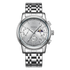 Silver wristwatch with detailed face on a white background