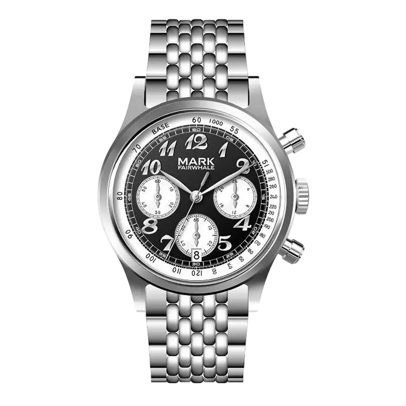 Silver watch with black dial on a white background