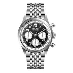 Silver watch with black dial on a white background