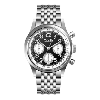 Silver watch with black dial on a white background