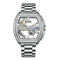 Silver watch with visible mechanical components on a white background