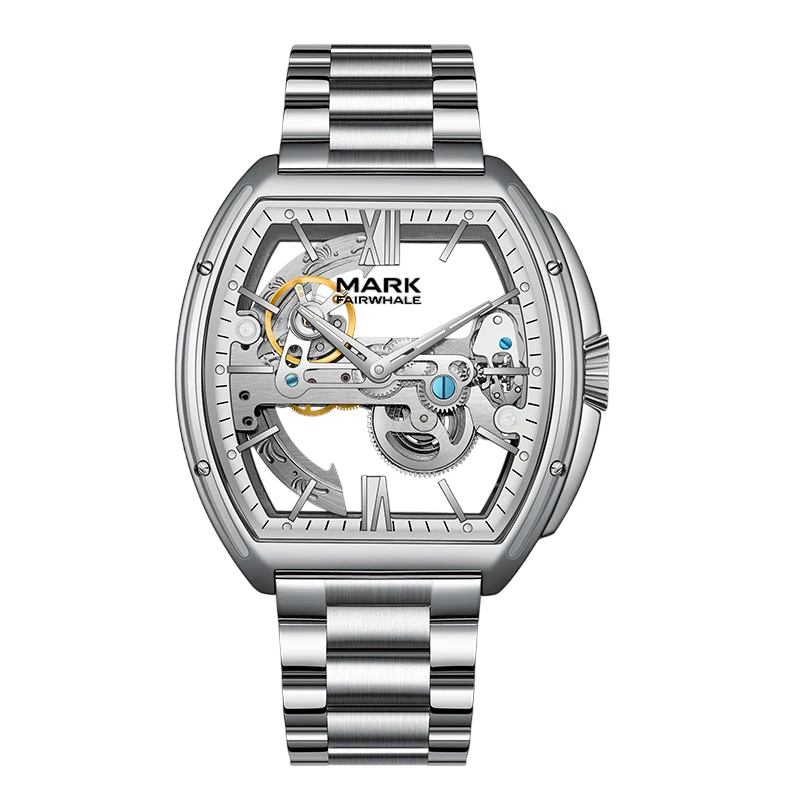 Silver watch with visible mechanical components on a white background