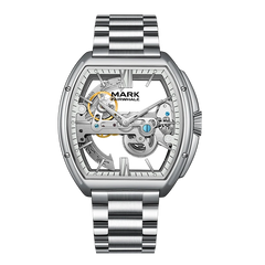 Silver watch with visible mechanical components on a white background