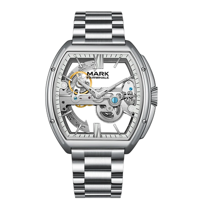 Silver watch with visible mechanical components on a white background