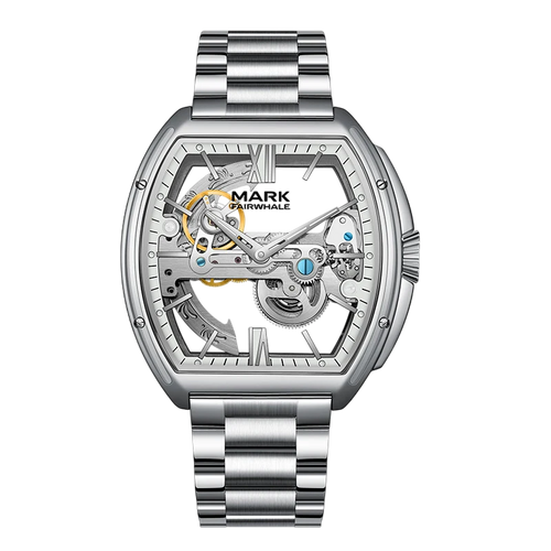 Silver watch with visible mechanical components on a white background