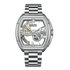 Silver watch with visible mechanical components on a white background