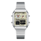Silver watch with a detailed face on a white background