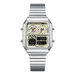 Silver watch with a detailed face on a white background