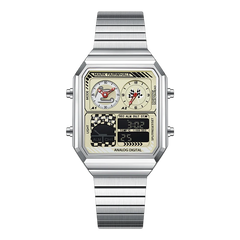 Silver watch with a detailed face on a white background
