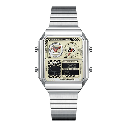 Silver watch with a detailed face on a white background
